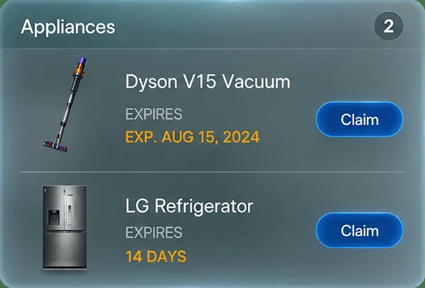 Appliances: Dyson V15 Vacuum and LG Refrigerator, warranty and ACL windows